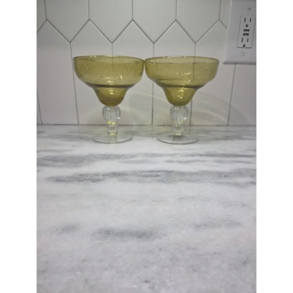 Pier 1 Hand Blown Margarita Glasses, Amber Bubble Design, Set of 2, Cocktail‎
